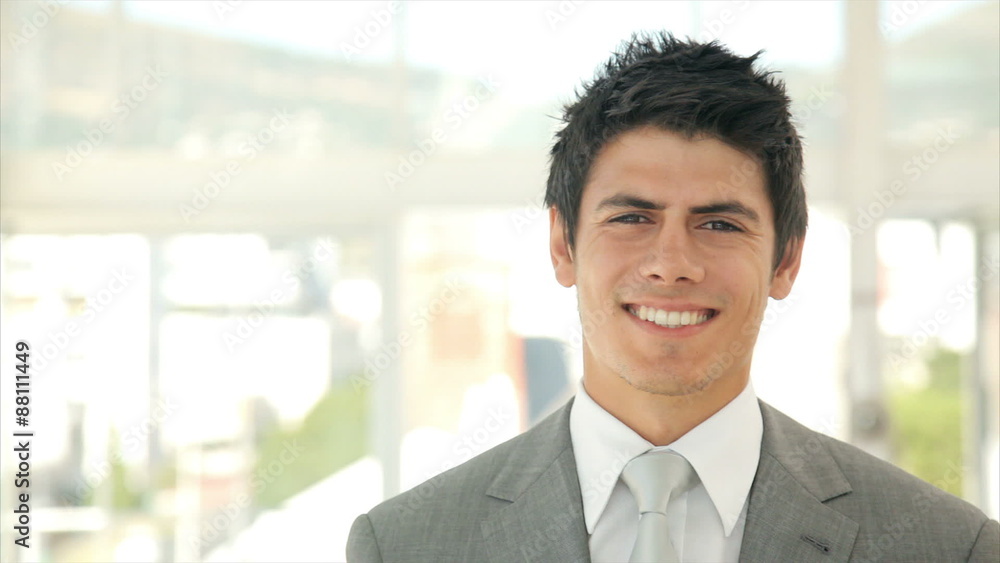Tilt up video of confident businessman smiling. Happy young male executive is in suit. Smart well-dressed professional is in brightly lit office. Tilt up video of confident businessman smiling. Happy young male executive is in suit. Smart well-dressed professional is in brightly lit office.