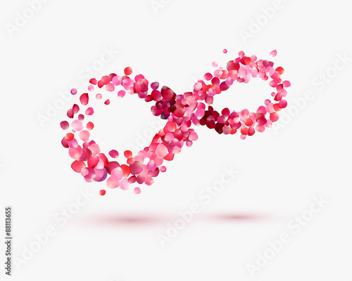 Infinity love Symbol of rose petals on a white background