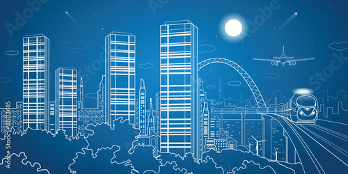 City and transport illustration, night town, vector design