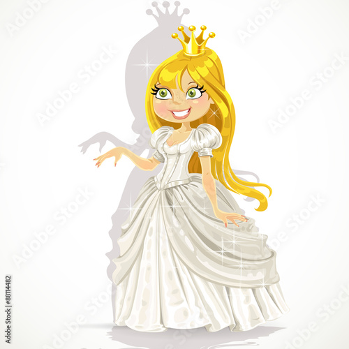 Cute princess in a white dress gives a hand expressing a consent