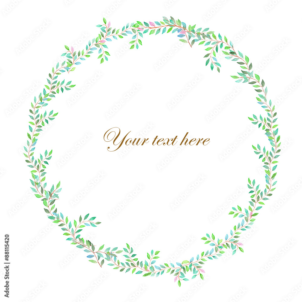 Wreath (frame) of branches with green leaves painted in watercolor on a white background Wreath (frame) of branches with green leaves painted in watercolor on a white background