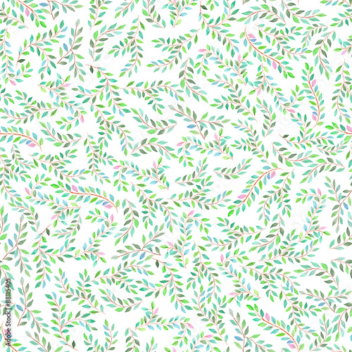 Seamless pattern of branches with green leaves painted in watercolor on a white background