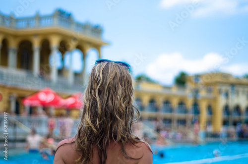 Blonde woman in  Szchenyi thermal bath in Budapest