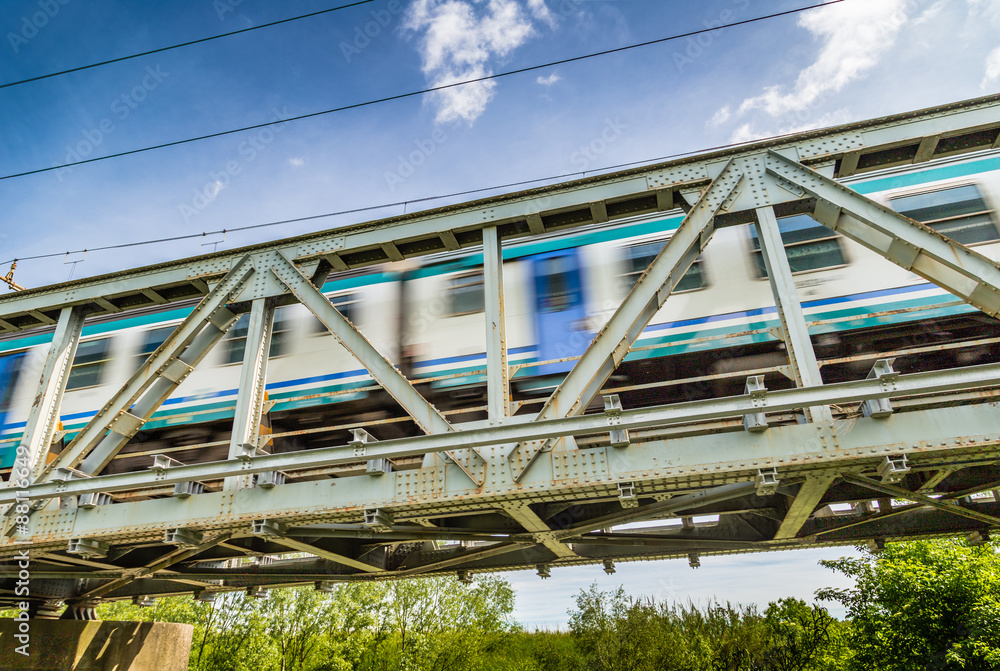 Running train on iron bridge Running train on iron bridge