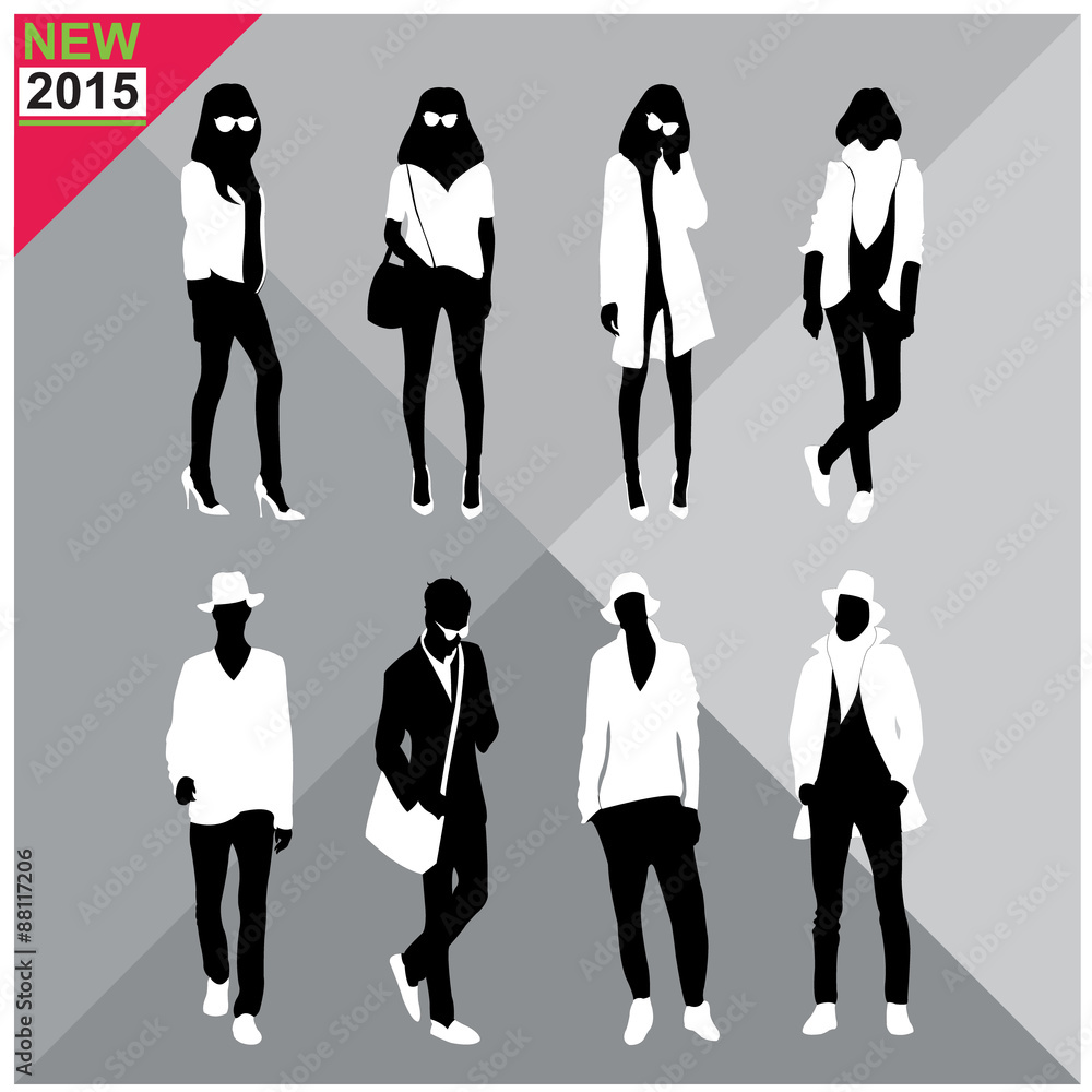 Set of men and women black silhouettes, editable Set of men and women black silhouettes, editable