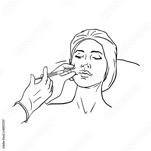 Cosmetic injection in the female face. Vector outline