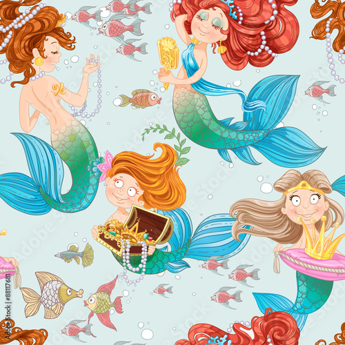 Seamless pattern from mermaid girls with treasures