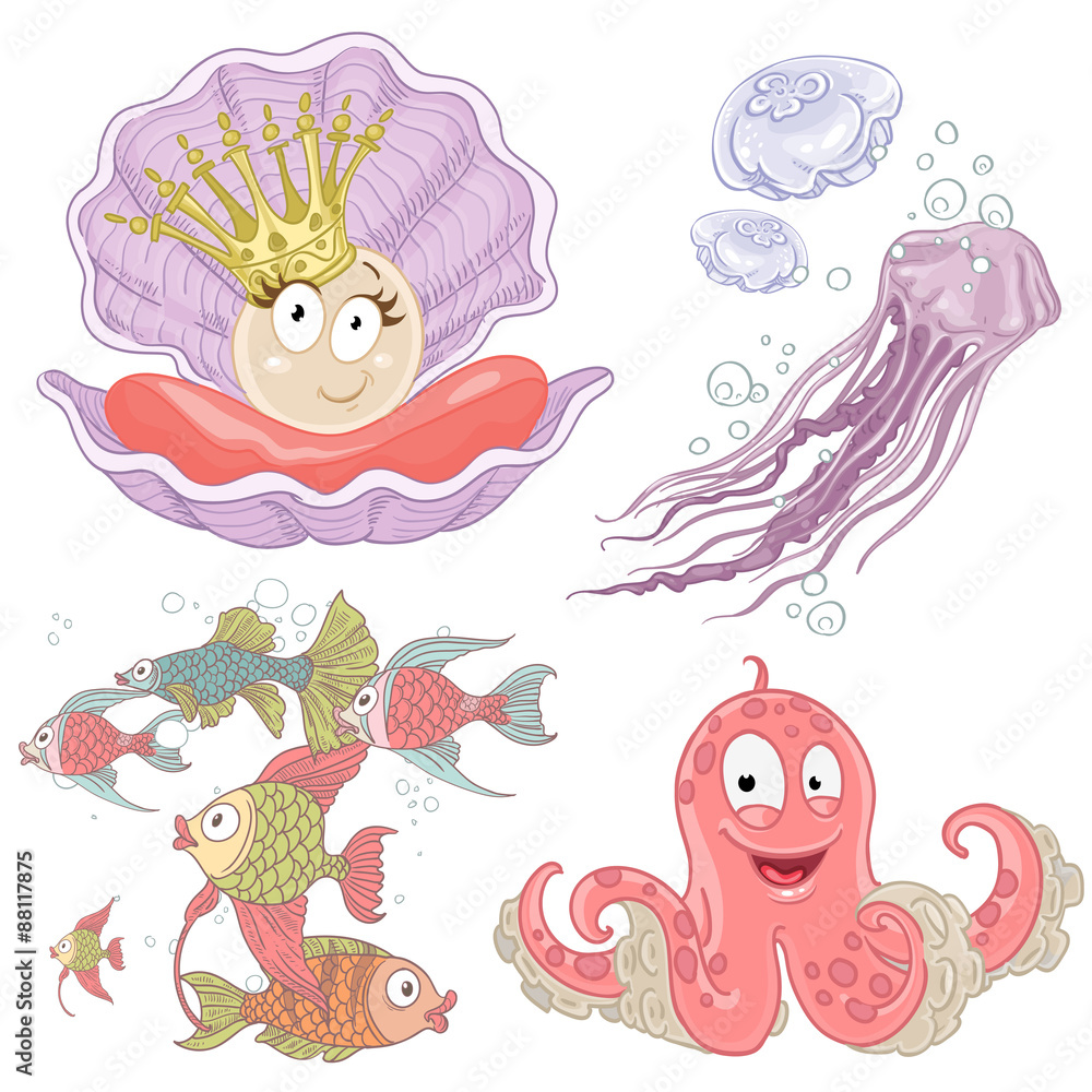 Obraz premium Set of sea inhabitants fish, pearl, octopus and jellyfish isolar