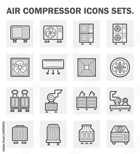 Air conditioner icon i.e. air compressor, condenser unit, ventilation, duct, cooling tower and chiller. That is a part of HVAC system to remove heat and moisture, temperature and humidity control.