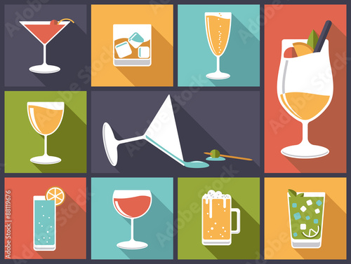 flat design illustration with various alcoholic drinks and cocktails