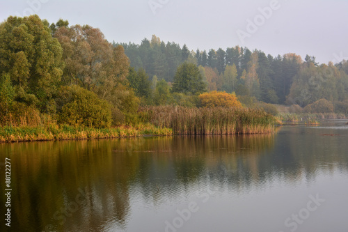 Foggy autumn lake