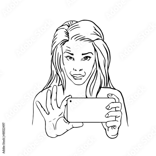 Woman making selfie with duckface. Mirror portrait, silicon lips