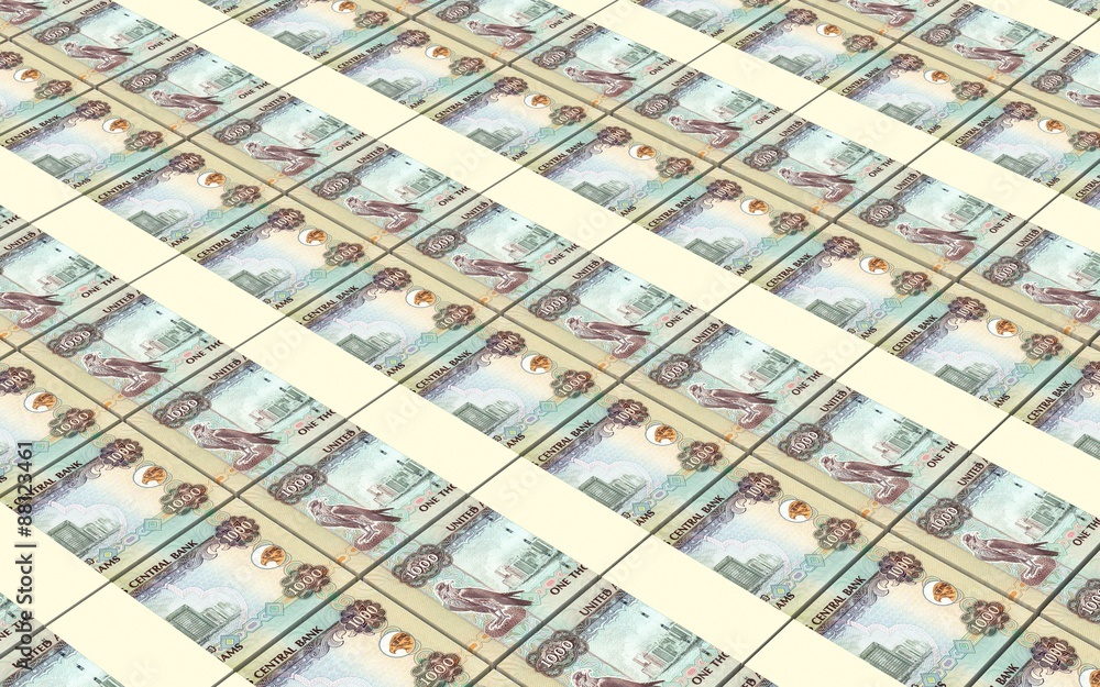 United Arab Emirates dirhams bills stacks background.