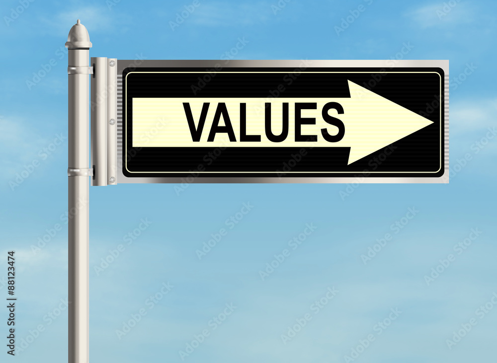 Fototapeta premium Values. Road sign on the sky background. Raster illustration.