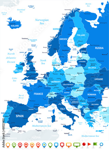 Europe map - highly detailed vector illustration. Image contains land contours, country and land names, city names, water object names, navigation icons.