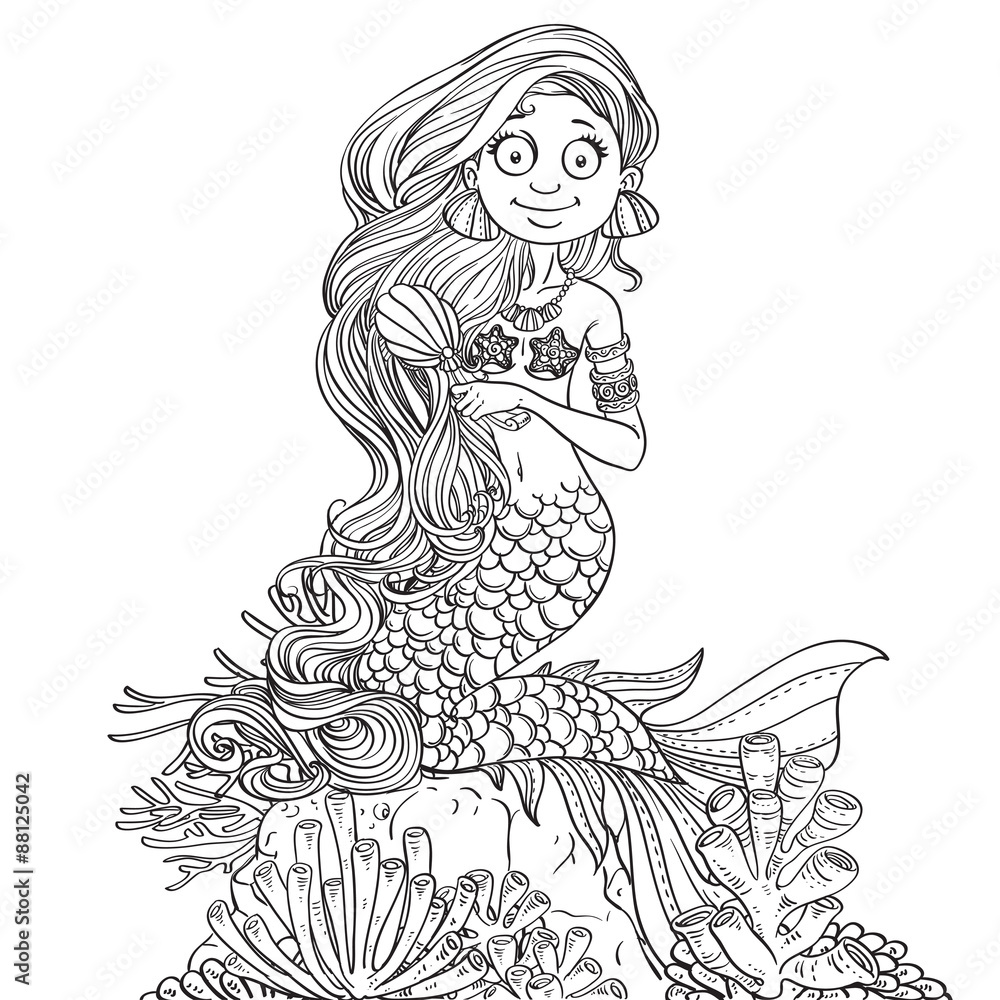 Lovely mermaid combing her long hair outlined Lovely mermaid combing her long hair outlined
