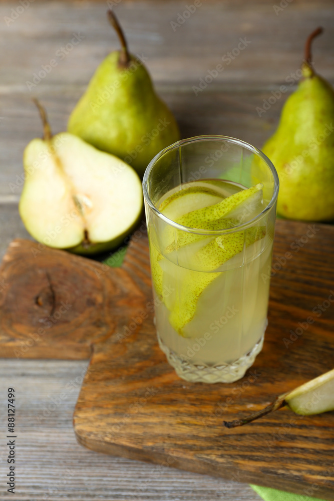 Pear juice with fresh fruits on table close up Pear juice with fresh fruits on table close up