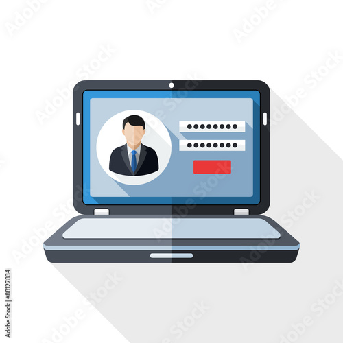 Laptop icon with user login form on the screen and long shadow o