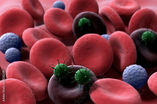 Red and white blood cells with virus