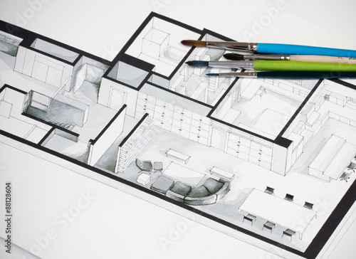 Group of vivid colorful brushes set on real estate floor plan architectural isometric freehand sketch putting a message for cold but elegant simplicity in interior design process and property market