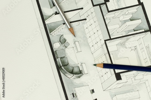 Two artistic drawing pencils set on actual real estate floor plan architectural isometric drawing stating for simplicity in interior design process and real estate business branch
