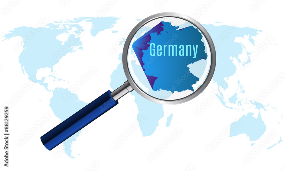World map with germany magnified by loupe
