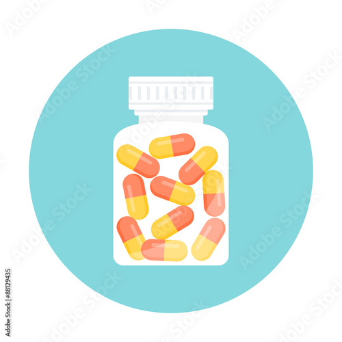 Medicine Capsule Pills in Bottle. Round Icon. Vector EPS 10