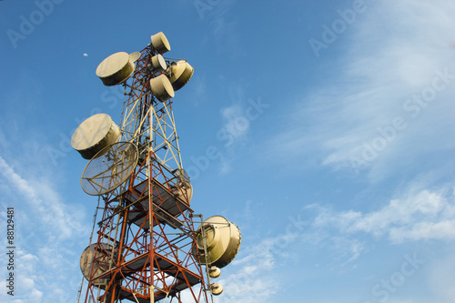 .Telecommunication mast TV antennas with blue sky