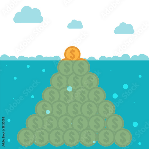 Hidden potential concept.  Iceberg of the coins
