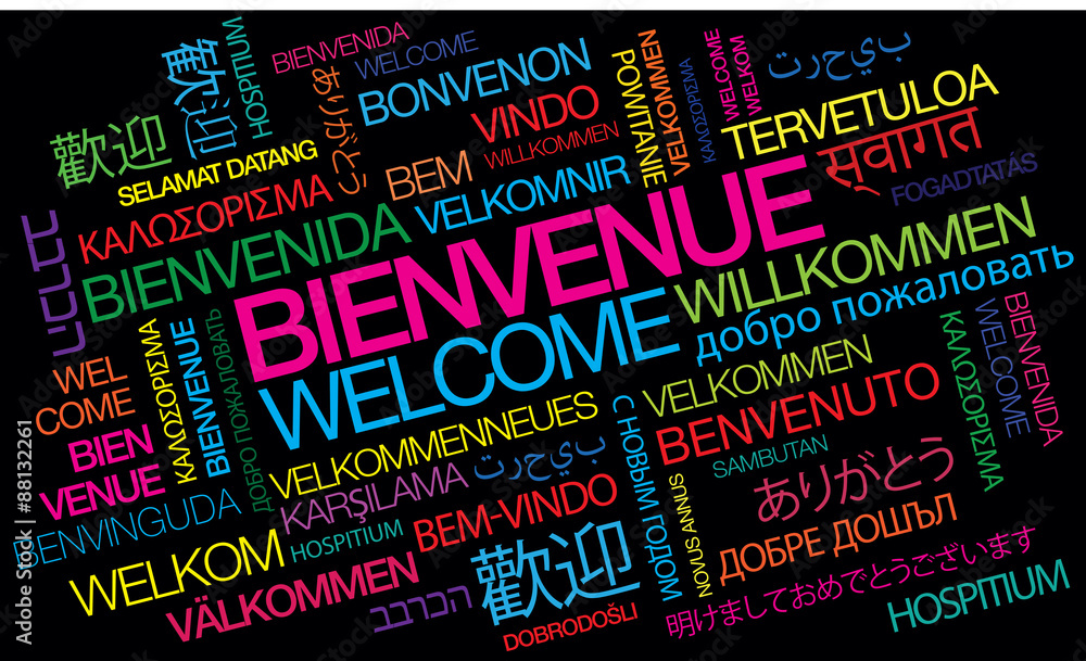 Illustrazione Stock Bienvenue welcome willkommen benvenuto bienvenido nuage  de mots coloré texte couleurs