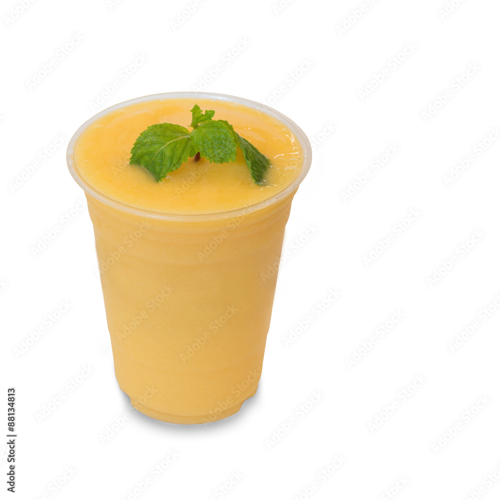 cold fresh mango smoothie in takeaway glass isolated on white ba cold fresh mango smoothie in takeaway glass isolated on white ba