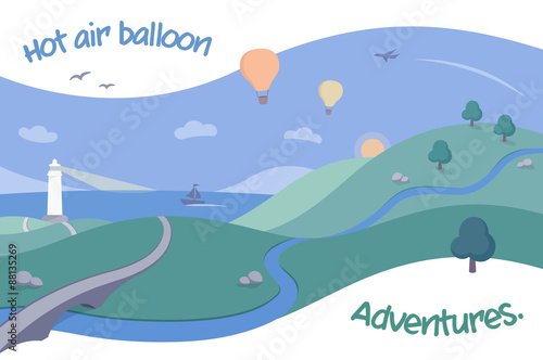 Scenic Landscape with Hot Air Balloons - hot air balloons flying over coastal scenery, in the style of a retro postcard print. Ideal for illustrating themes of leisure and the outdoors.