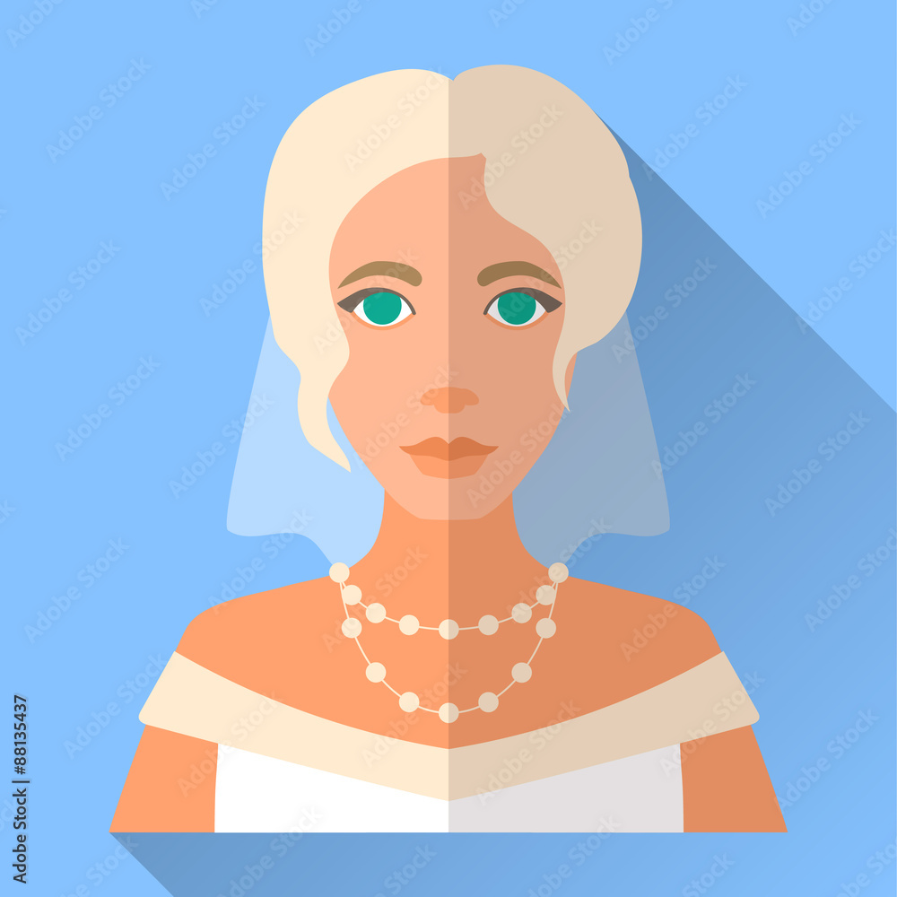Wedding day bride, blue square flat icon with shadow Wedding day bride, blue square flat icon with shadow