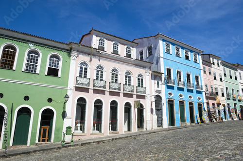 Historic city center of Pelourinho Salvador da Bahia Brazil features colorful colonial architecture on a broad cobblestone hill © lazyllama