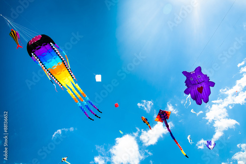 Various kites flying on the sky