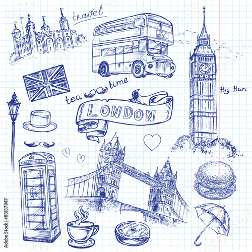 Photography hand drawing London on a sheet of notebook