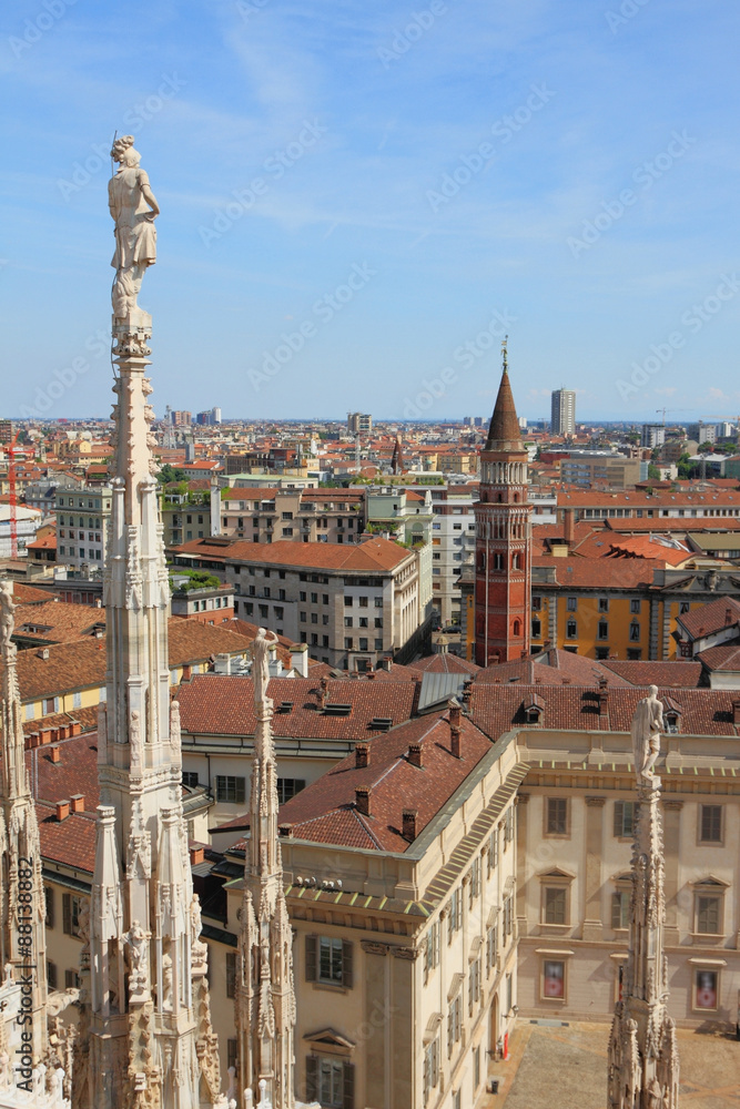 City roofs and belltower, view from Duomo. Milan, Italy