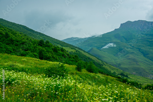 Mountains in the clouds in cloudy weather.Green meadow with grass.The Caucasus. .Russia. photo