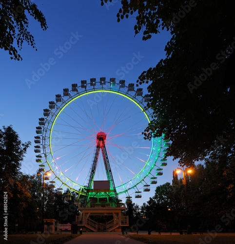 Ferris wheel with multicolored illumination with dark trees
