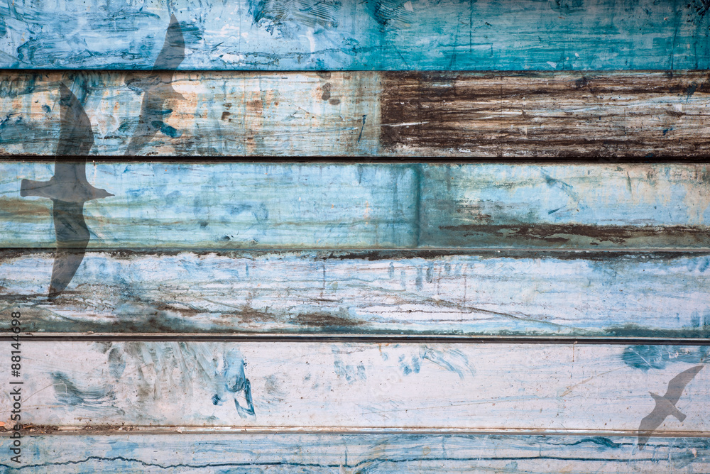 Double Exposured Seagulls with Painted Old Metal Background Looks Like Wood Double Exposured Seagulls with Painted Old Metal Background Looks Like Wood