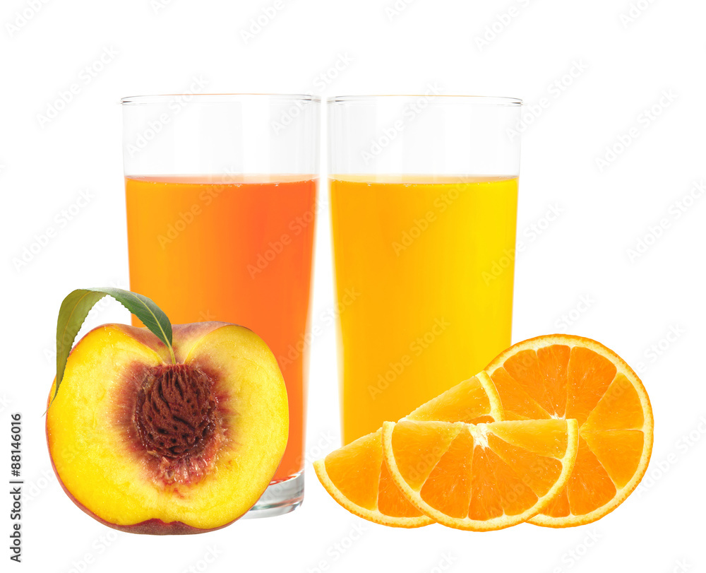 peach and orange juice in the glass isolated on white peach and orange juice in the glass isolated on white