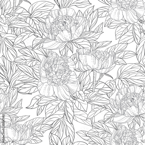 Seamless pattern of flowers peonies black and white graphics