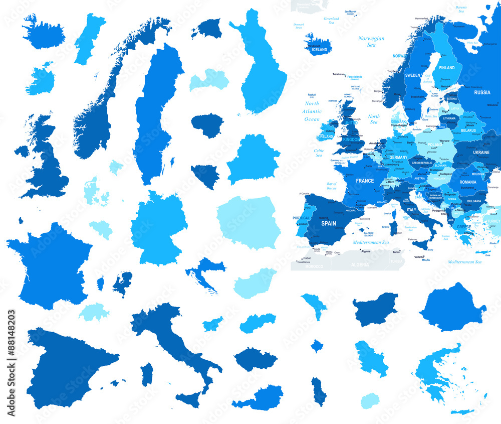 Naklejka premium Europe map and country contours - vector Illustration.