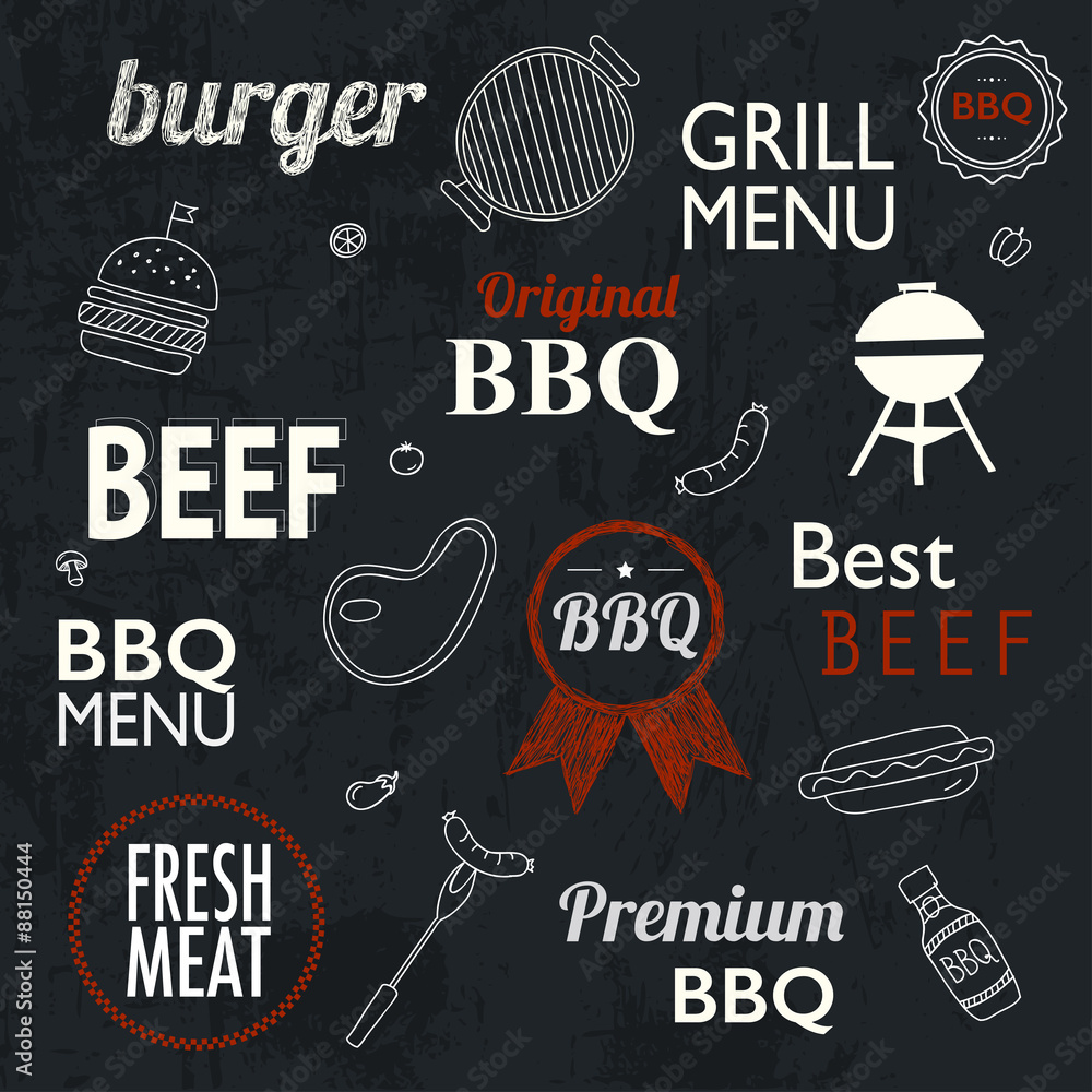 Fototapeta premium Barbecue Grill Icons and labels for any use, on a grunge backgro