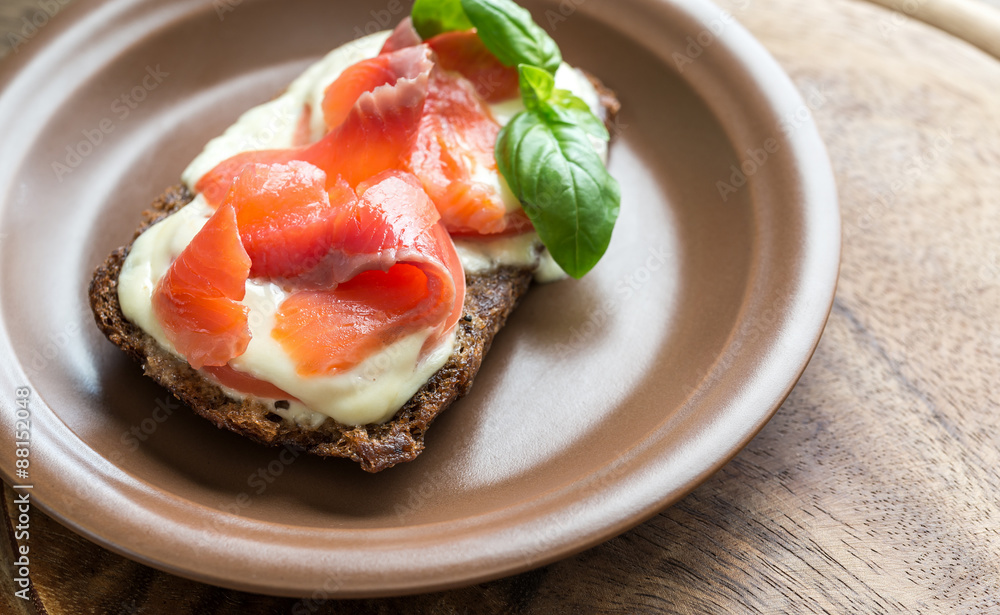 Sandwich with trout, mozzarella and tomatoes Sandwich with trout, mozzarella and tomatoes
