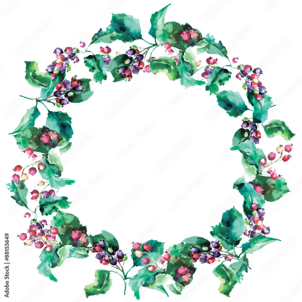 Fototapeta premium frame with hawthorn berries watercolor