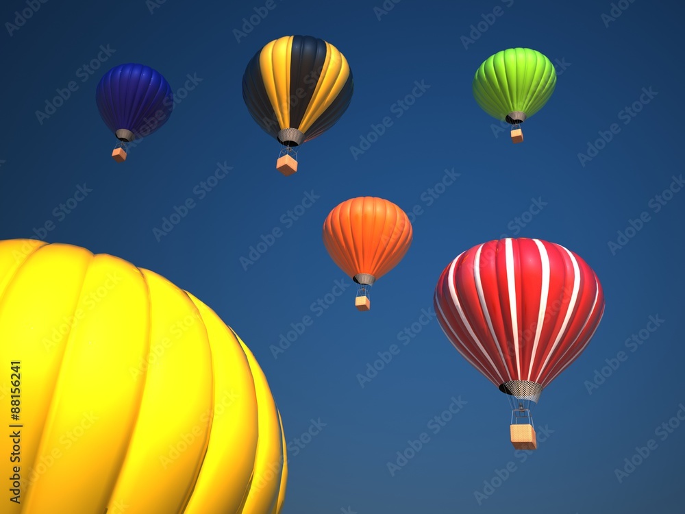 Obraz premium Colorful hot air balloons over blue sky , 3d illustration