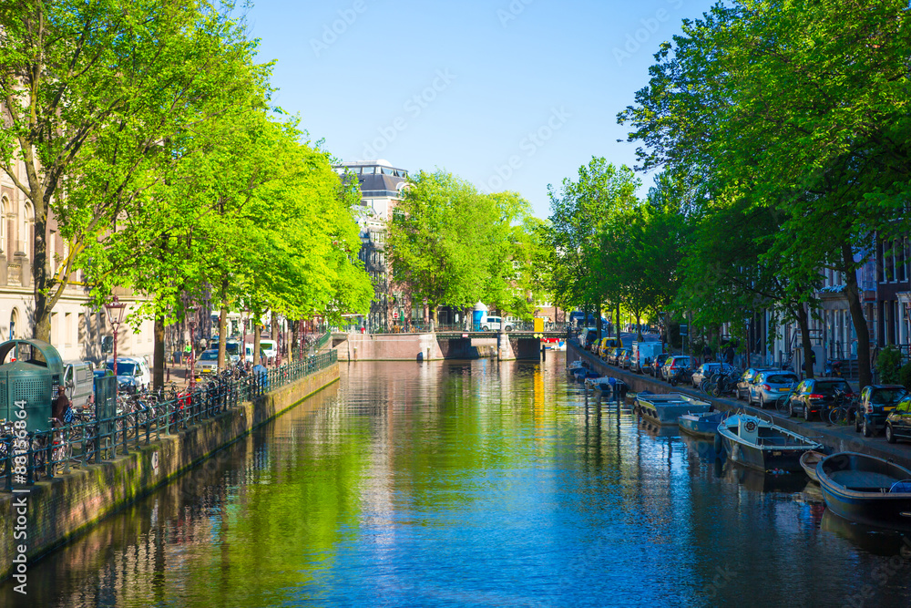 Beautiful canal in the old city of Amsterdam, Netherlands, North