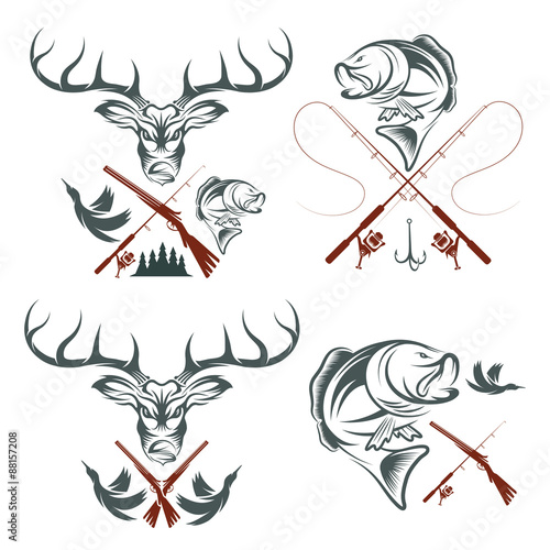 Set of vintage hunting and fishing labels and design elements
