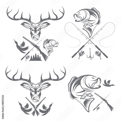 Set of vintage hunting and fishing labels and design elements